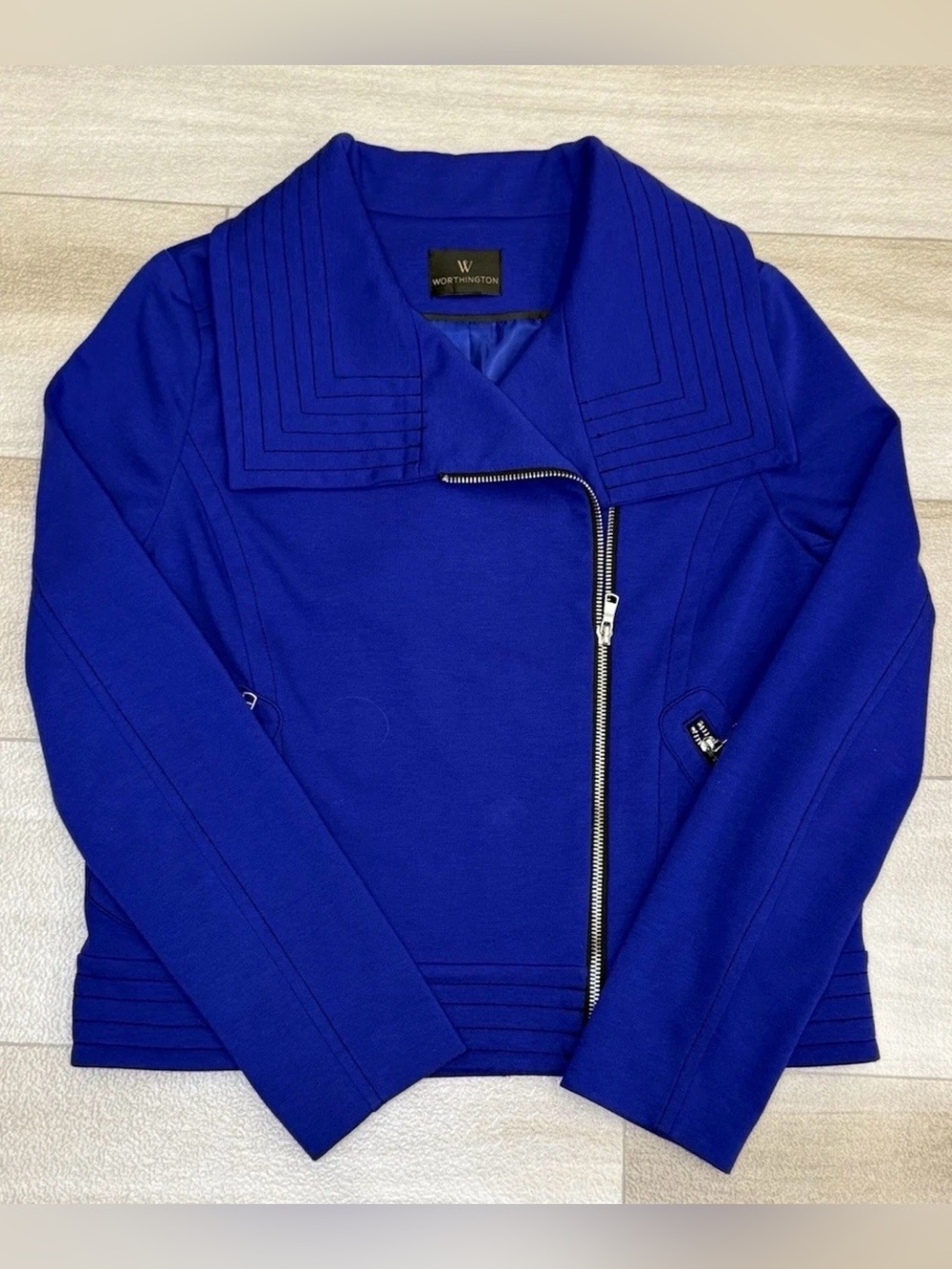 Worthington Women's Moto Jacket Blue Side
Zip Up Long Sleeve Zip Pockets Size M